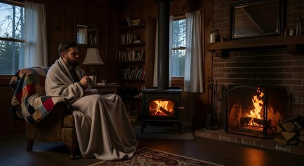 Obraz premium Man Sitting Relaxing by Fireplace in Cozy Cabin Living Room in Warm Lighting