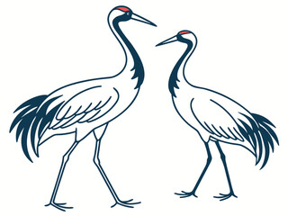Obraz premium Crane bird couple in fluid ink-line style, representing elegance, grace, and balance in nature, modern flat illustration style.