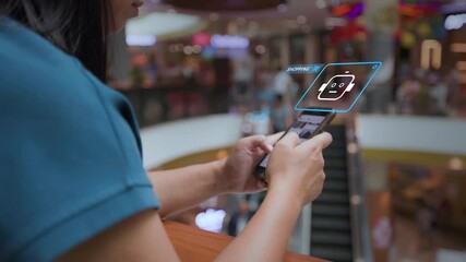 Woman using AI shopping assistant on smartphone with futuristic AR interface, searching best deals in mall - Powered by Adobe