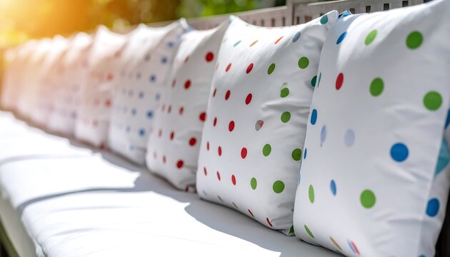 Colorful polka dot pillows on a patio bench