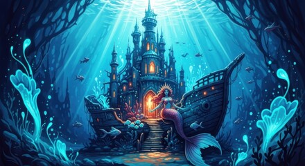 Magical underwater mermaid sits on a shipwreck next to an ethereal castle in a whimsical ocean scene.
