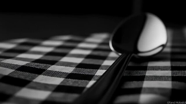 Polished Spoon on Checkered Cloth A Study in Light and Reflection.