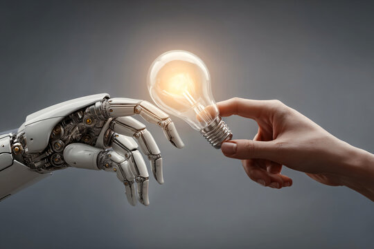 robotic hand and human hand holding light bulb together, human ai collaboration, ideation concept