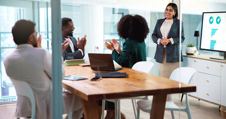 Applause, presentation and business people in office with celebration for finance, goal or target....