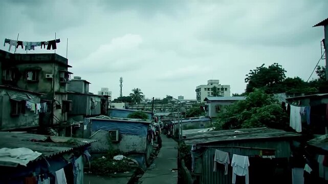 Static Aerial View of Mumbai Slum Under Overcast Midday Sky with Rows of Shacks