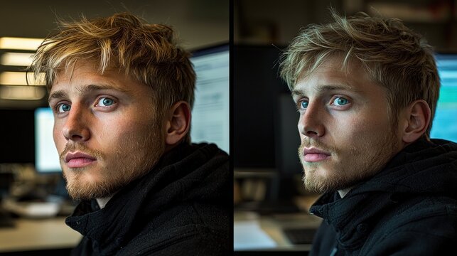 Comparison of two portrait photographs of a young man with light blond hair, showcasing subtle differences in lighting and angle.
Defects No defects found - Powered by Adobe