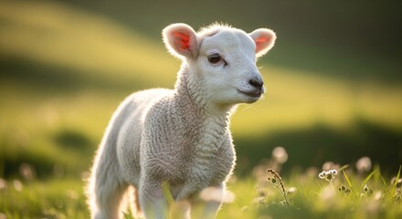 A fluffy white lamb stands in a grassy field bathed in golden sunlight.