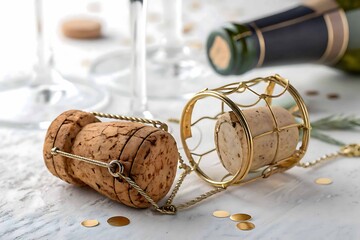 Champagne cork and muselet wire cage on a white surface with confetti