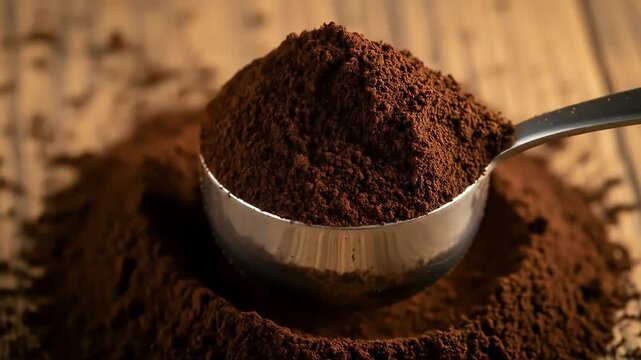 Rich Dark Coffee Grounds A CloseUp View of Aromatic Espresso Powder in a Metal Scoop.