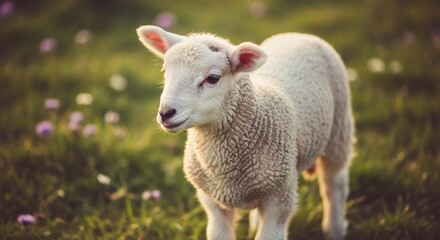 Obraz premium A fluffy lamb in a grassy field with wildflowers.