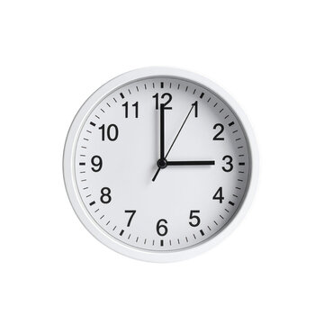 White wall clock showing the time three o clock time management concept on transparent background