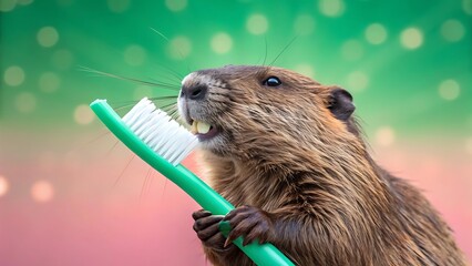 A cute beaver with prominent front teeth holds a green toothbrush in its paws preparing to brush its teeth against a soft green and pink bokeh background