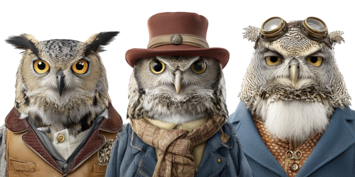 Three owls wearing human clothes