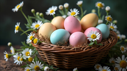 Fototapeta premium Pastel easter eggs in a basket with daisies surrounding the eggs