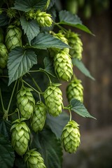 Green hop cones and leaves on a vine with a blurred background