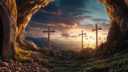 Empty tomb cave with three crosses outside at sunrise, peaceful spiritual landscape with rocky ground, distant mountain, grass, and sky