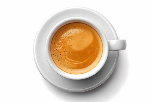 Top view of a freshly brewed espresso with rich crema in a white cup and saucer
