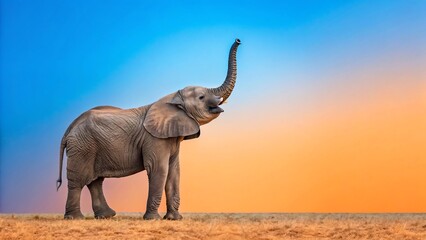 Fototapeta premium Majestic african elephant with trunk raised in greeting against a vibrant gradient sky of blue to orange at sunset or sunrise