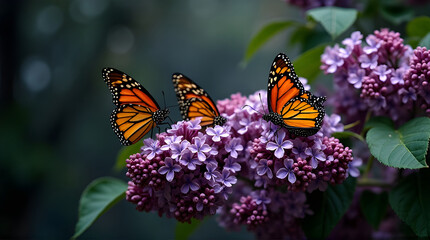Naklejka premium Monarch butterflies on purple lilac flowers in a garden scene