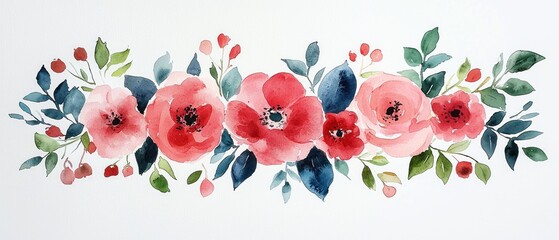 Fototapeta premium Watercolor Painting of a Floral Arrangement Featuring Red and Pink Flowers and Green and Blue Leaves