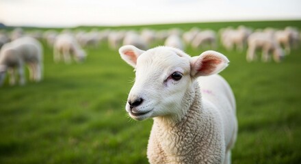 Obraz premium Close-up of a white lamb standing in a green field, with a flock of sheep blurred in the background.