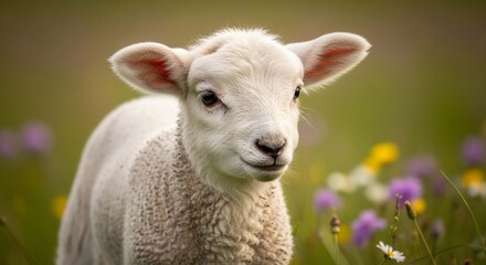 Obraz premium Close-up of a fluffy white lamb in a meadow filled with wildflowers.