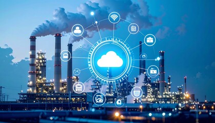 Industrial plant at twilight with digital overlay