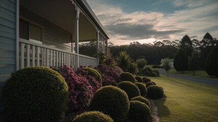 Tranquil light-blue house with white-railing porch, surrounded by manicured green shrubs and vibrant pink flowers, lush lawn, paved road, dense trees, soft warm light, rural atmosphere.