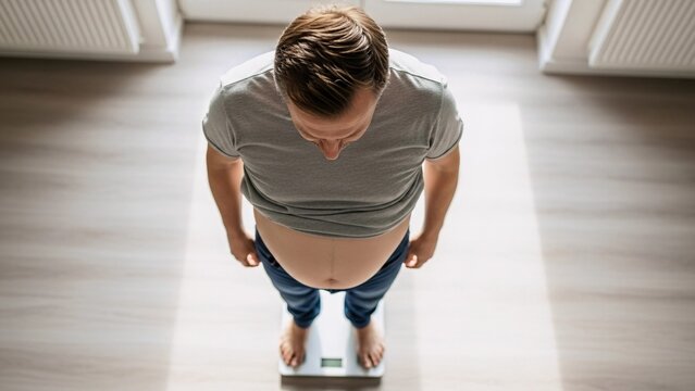 High angle view of an overweight man standing on a digital scale in a home bathroom, expressing concerns about weight gain and the impact on overall health and wellness