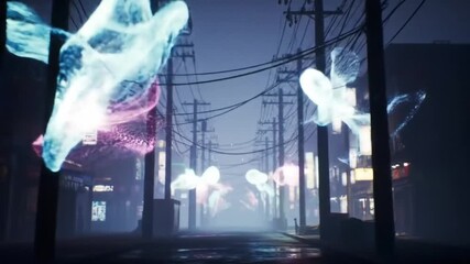 Glowing holographic jellyfish float slowly above a deserted city street during a foggy night, creating a futuristic and mysterious feel, shot from a dramatic cinematic angle. - Powered by Adobe