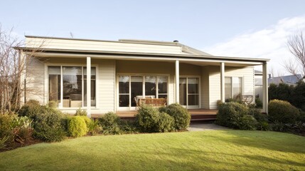 Modern single-story house with large glass windows, wooden deck, outdoor dining set, green shrubs, lush lawn, and bare trees under partly cloudy sky.