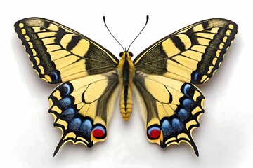 Beautiful yellow and black butterfly with blue and red eye spots isolated on white
