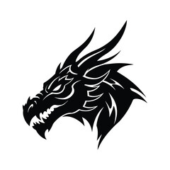 Obraz premium A black silhouette of a dragon head with sharp horns and teeth, isolated on white background
