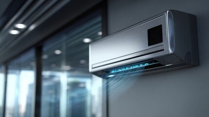 Modern wall-mounted air conditioner in a sleek office setting, circulating cool air with blue airflow visualization.
