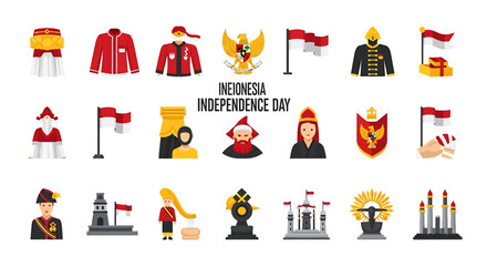Vector Icons Set of Indonesian Independence Day Symbols Collection Flat Vector Illustrations of National Emblems Flags Traditional Attire and Monuments. Vector Illustrations. EPS Editable. 