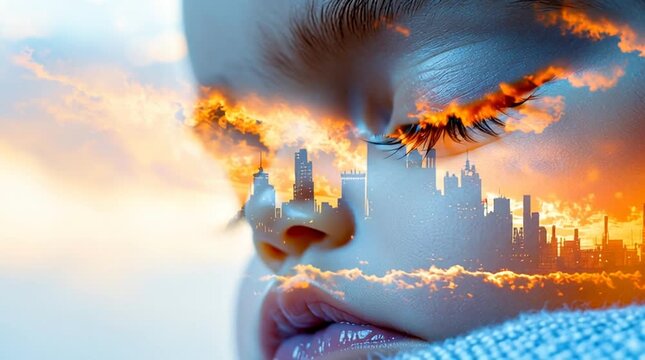 Air pollution PM 2.5 concept with industrial smoke and baby face, awareness of air pollution PM 2.5 through double exposure, highlighting air pollution PM 2.5 health risks 
 