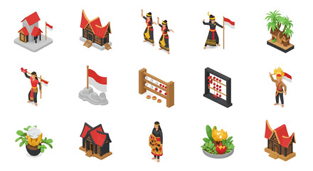 Vector Icons Set of Iconic Traditional Indonesian Minangkabau Rumah Gadang House Isometric Illustration. Vector Illustrations. EPS Editable. 