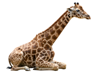 Adult giraffe sitting in resting position with neck upright and distinctive spotted markings, isolated on white or transparent background. PNG