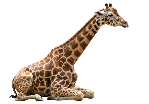 Adult giraffe sitting in resting position with neck upright and distinctive spotted markings, isolated on white or transparent background. PNG