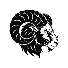 Obraz premium A formidable ram head with curved horns is depicted in a detailed black and white vector design, isolated on white background
