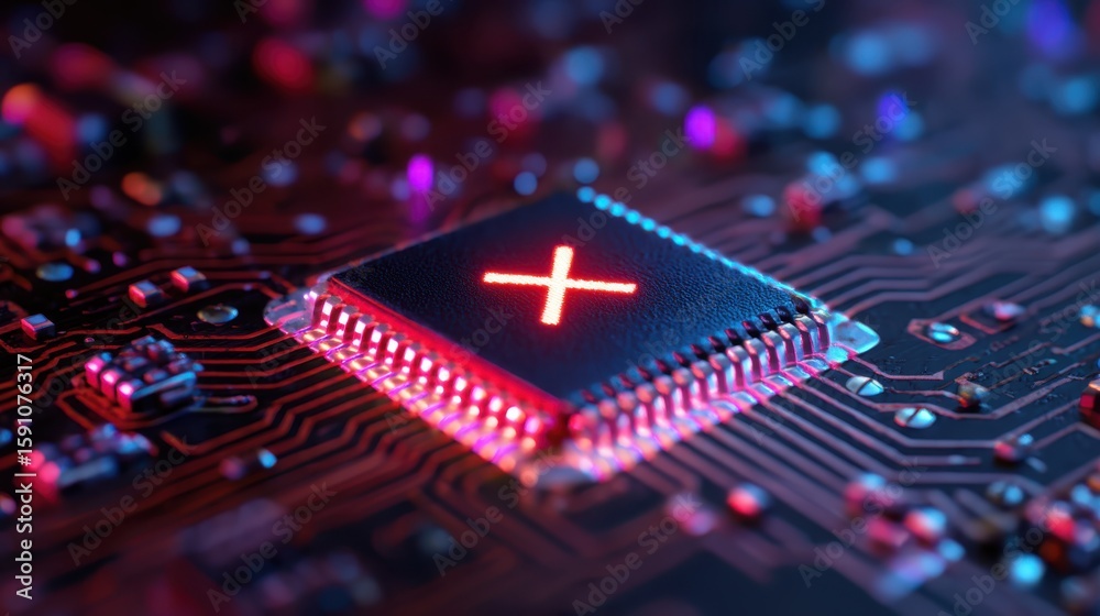 Poster a close-up of a glowing microchip on a circuit board with illuminated pathways and components in a d