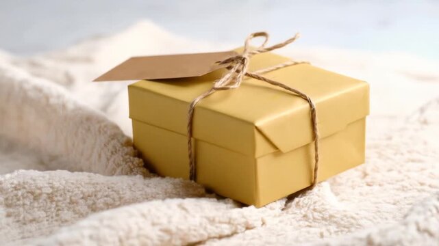 A yellow gift box with a tag tied with twine sits on a soft, white, textured surface. The setting is cozy and inviting