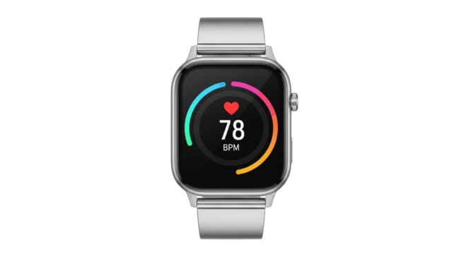 Wellness Watch: Modern smartwatch displaying a real-time heart rate measurement against a plain background, portraying health-conscious living.