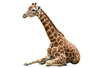 Obraz premium Adult giraffe sitting in resting position with neck upright and distinctive spotted markings, isolated on white or transparent background. PNG
