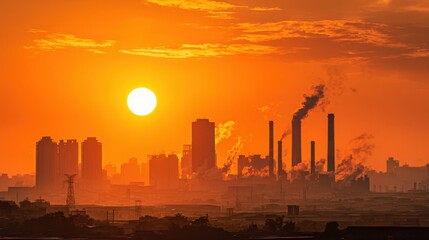 A vibrant orange sunset over an industrial cityscape with smoke rising from factory chimneys, highlighting urban development and environmental impact.