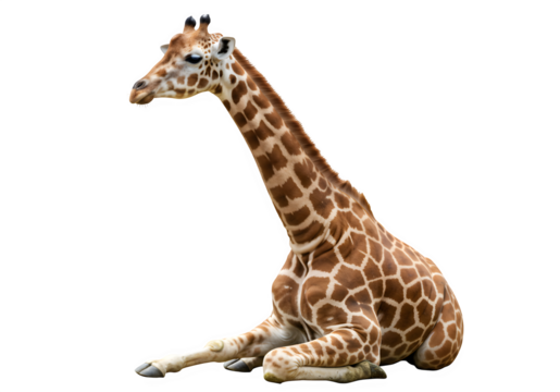 Adult giraffe sitting in resting position with neck upright and distinctive spotted markings, isolated on white or transparent background. PNG