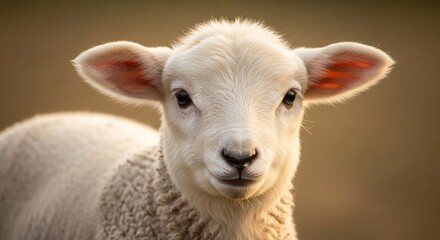 Fototapeta premium Adorable young lamb, fluffy white coat, soft gaze, close-up portrait.