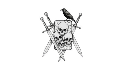 Dark Gothic Emblem Featuring Skulls Swords and Crow on Transparent Background