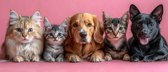 Five adorable pets; a fluffy longhair cat, a grey tabby kitten, a golden retriever, a tabby cat, and a black dog, posed together on a pink background.

Defects No defects found