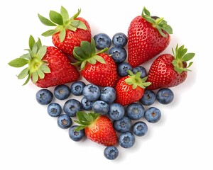 Obraz premium Fresh strawberries and blueberries arranged in a heart shape on white background